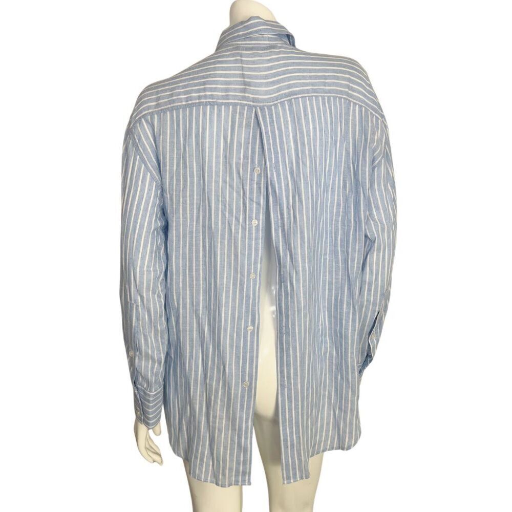 NWT Zara Linen Blend Blue White Striped Open Back Long Sleeve Button Up Size M